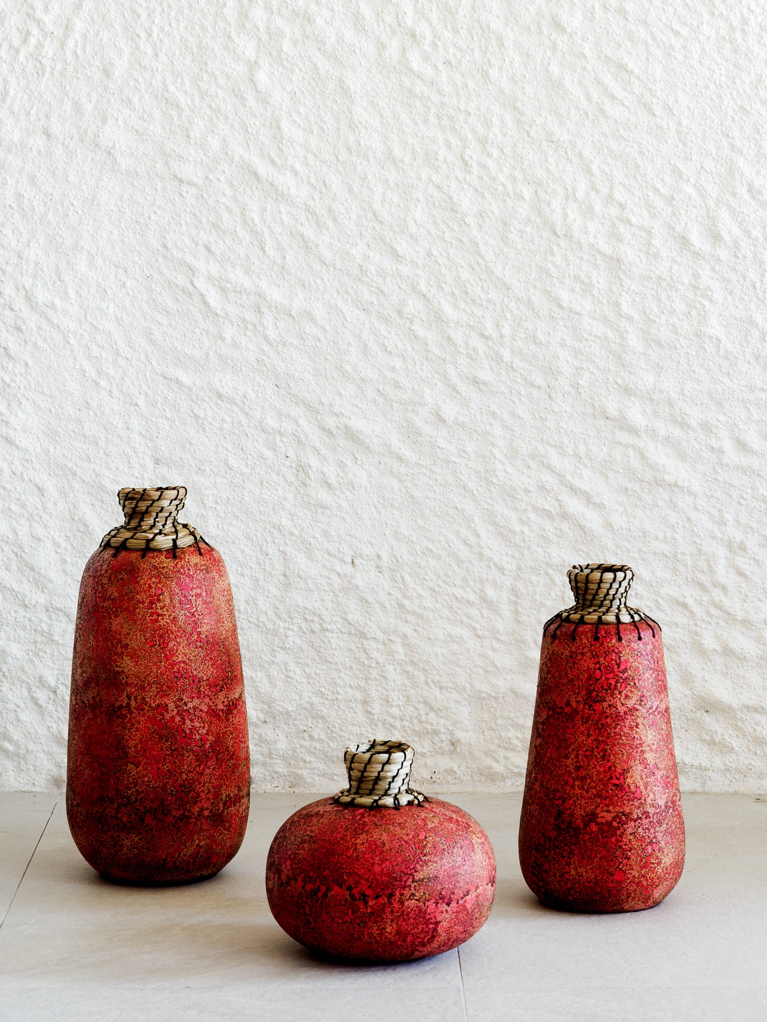 Textured Rustic Red Decorative Vase Set