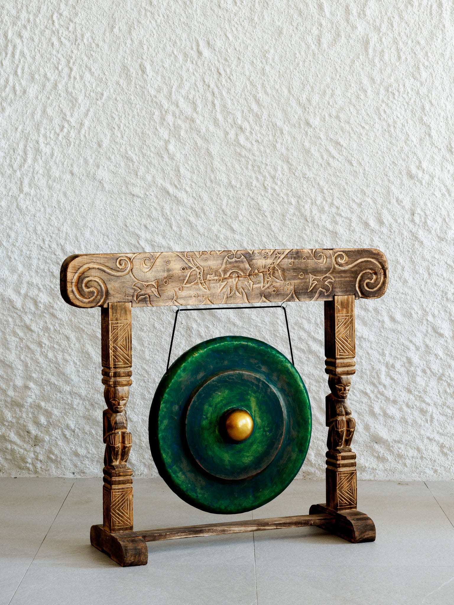 Handcarved Wooden Gong Sculpture Decor